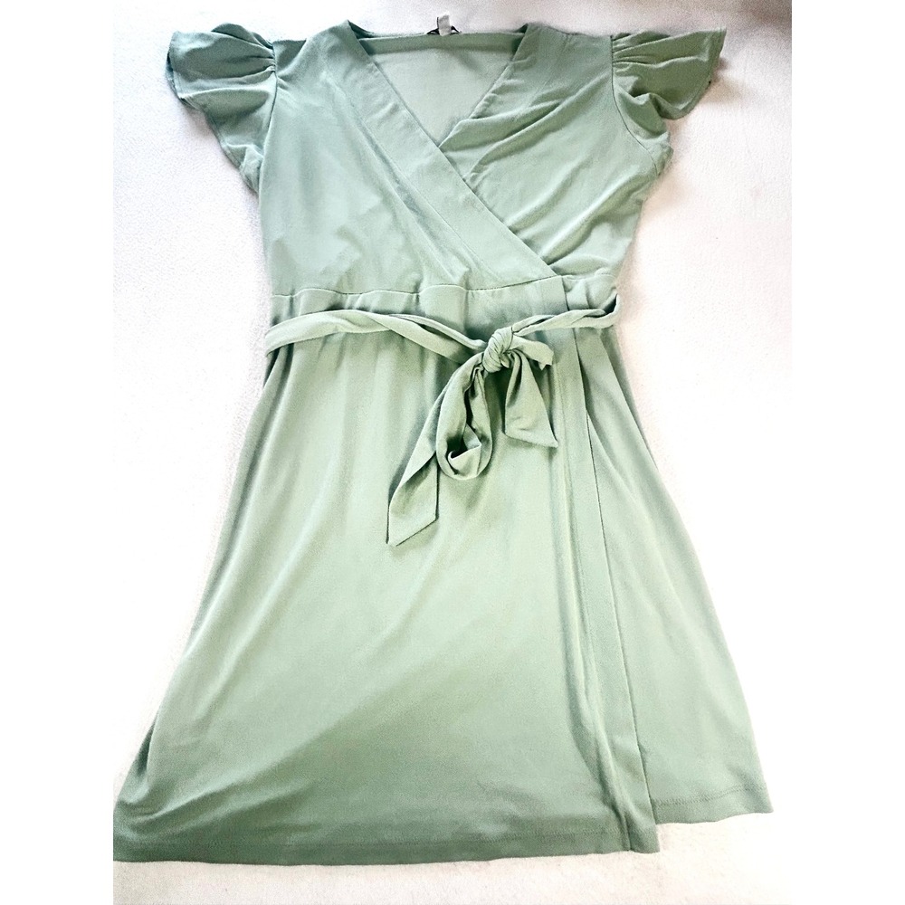 Nine West Sage Green Faux Wrap Dress Flutter Sleeve Tie Waist Career Size L